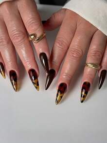 24片Y2K豹纹亚克力美甲贴片，花卉长方形/尖头按压式美甲套装，DIY棕色假指甲，配3D金链、珠子和花朵装饰，适合美甲沙龙、女孩、女士日常佩戴、节日和礼品美甲用品 - 彩色 - 查看 2