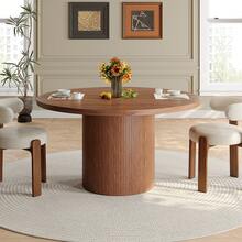 ONBRILL 47 Inch Round Dining Table For 4, Brown Circle Fluted Kitchen Table With Wood Strip Base, Modern Farmhouse Dinner Tables For Kitchen, Living Room - Màu nâu  Mocha - Xem 3