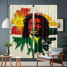 **Chill Reggae ** Style Curtains - Abstract Music Design With Sun, Palm Trees & Iconic Singer, Semi-Sheer Polyester, Machine Washable, Rod Pocket, Perfect For Spring Vibes, Living Room Decor - 彩色 - 查看 3