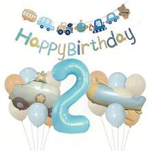 32-Inch Light Blue Matte Vintage Airplane & Car Number Balloon Set, Birthday Party Decoration, Scene Layout, Photo Props - Baby Blue - View 10