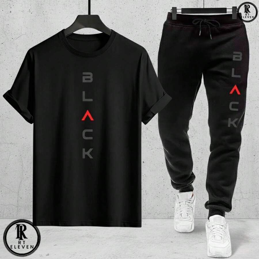 Men's Fashion Casual T-Shirt And Sweatpants Set - Black Cotton Knit + Sweatpants With Pockets - Art - Áo thun đen, quần đen - Xem 1