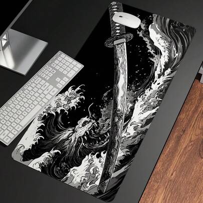 1 pieza Alfombrilla de ratón con diseño de ola negra y espada samurái japonesa, en color negro y blanco, tapete de escritorio grande, con borde cosido, base de goma antideslizante, adecuado para el hogar y la oficina, con opciones de tamaño, regalo para novio/novia