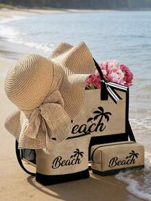 Beach Themed Tote Bag Set With "Beach" Lettering And Palm Tree Graphics. This Fashionable Foldable Beach Bag Is Perfect For Swimming And Beach Trips. It Can Also Be Used As A Women's Shoulder Bag, Grocery Shopping Bag, Or Multipurpose Storage Bag. Chic Commuter Handbag - Multicolor - View 3