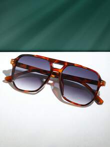 1 Pair Unisex Tortoiseshell Square Double Bridge Aviator , Suitable For Vacation, Boho Beach Outfits, Women's Beach Accessories, Basic Glasses, Autumn/Winter Women's Outfits, Business Casual, Gifts, Leopard Print - 玳瑁框雙灰片 - 查看 3