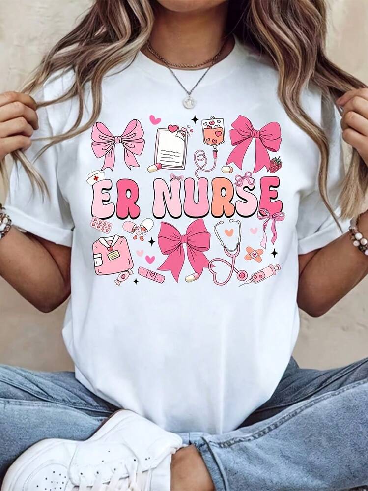 1 Pack Of Women's Round Neck T-Shirts, With Pink Bow Print And Medical Symbols, Short Sleeve, Casual Style, For Work Or Daily Wear, Soft. - 黑色 - 查看 5