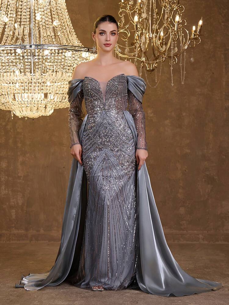 south beach club dresses Elegant Open Shoulder Mermaid Hem Maxi Dress With Beads, Sequins, Lace, Glass Rhinestones, Long Sleeve Wedding Spring Party Size:10 AUS you can effortlessly style ob1895397 4960 Black Long Sleeves Fitted