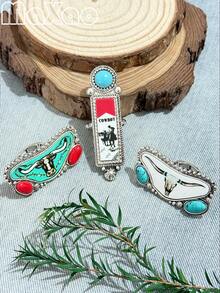 高品质女士复古波西米亚风西部印花合金弹力戒指，喷涂工艺，适合多种风格，日常佩戴或派对皆宜，2026新款上市，自用或送礼皆宜，佩戴后定能收获赞美，立即添加到您的珠宝收藏中吧！如果您满意，请给予五星好评并分享您的美照。 - 彩色 - 查看 2