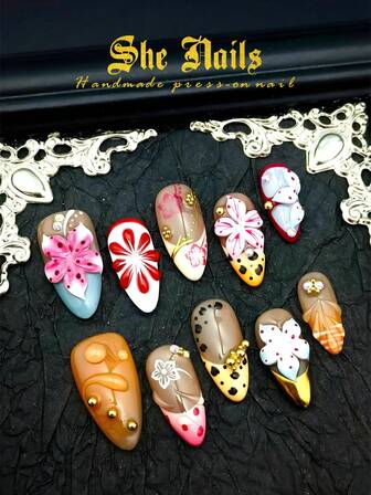 10件套杏仁美甲亚克力套装，粉色、紫色、白色美甲贴片，黄紫色扎染图案，3D立体钻石、蝴蝶、星星、珍珠美甲配件装饰，手绘闪亮雪花图案和铬粉几何图案，Y2K风格美甲套装，适合女性和女孩日常、派对、庆典和节日使用（包含：一块果冻胶和一条摩擦条）美甲用品