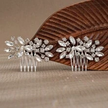 2 piezas Peines de hierro elegantes inspirados en plantas, accesorios para el cabello de novia y boda, adecuados para todas las estaciones - Plateado - Ver 3