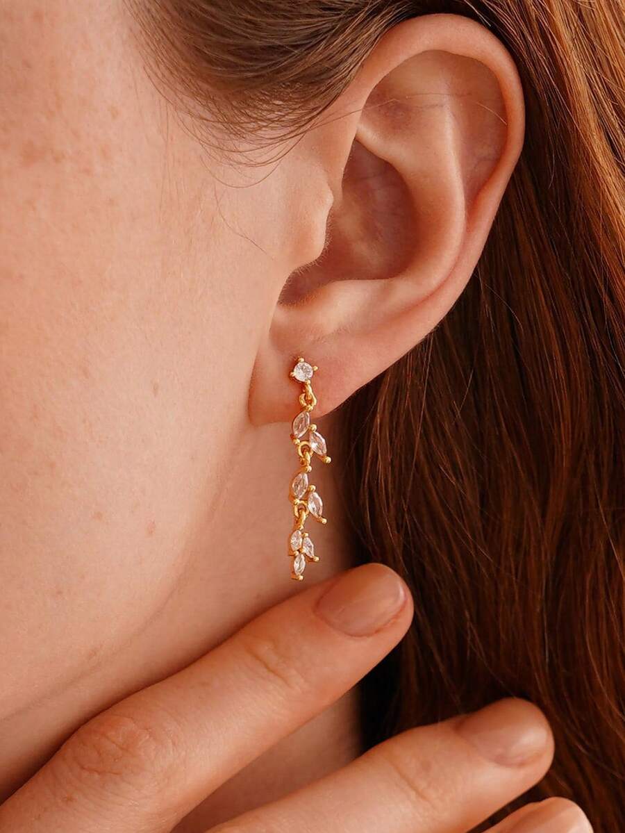 14K镀金长款立方氧化锆水滴形吊坠耳环，优雅新娘婚礼耳环，伴娘水滴形耳环，正式场合首饰 - 金色 - 查看 1