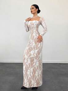 女士蕾丝拼接性感收腰派对鸡尾酒会长袖连衣裙 - 白色 - 查看 4