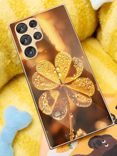 独特高端INS风幸运四叶草金箔水滴图案高清印刷防刮钢化玻璃手机壳，兼容三星Galaxy S20/21/22/23/24/25 Ultra/FE+、S10/10E+、NOTE 9、10、8、20、20 Ultra、A71/56/55/54/53/52/51/36/35/34/32/26/25/24/26/16/15/14/06/05/05S/03S，时尚通勤必备，适合作为礼物送给朋友、家人、爱人，限量版，四季皆宜。