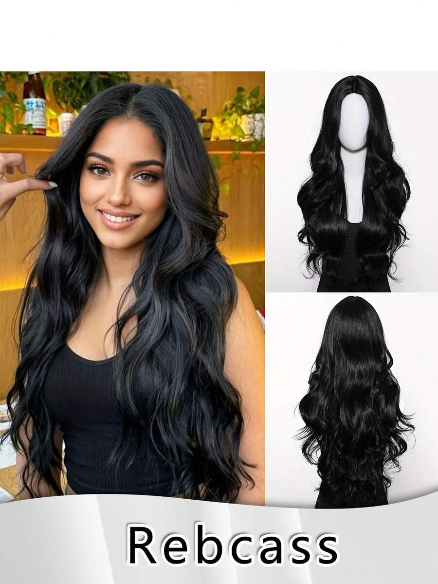 [Tóc giả xoăn sóng đen] Tóc giả sợi tổng hợp chịu nhiệt dài 28 inch, ren chữ T, tóc con, chất lượng cao, tự nhiên, mềm mại, thích hợp cho người mới bắt đầu sử dụng hàng ngày, kích thước 13*4*1. Tóc giả sóng lớn màu đen, thích hợp cho lễ hội âm nhạc, kiểu sóng thân, xoăn, lưới co giãn, ren hình chữ T, dài 28 inch, tóc xoăn sóng lớn màu đen. - màu đen - Xem 1