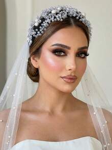 1pc Handmade Crystal Flower Headband, Elegant Pearl Wide-Banded Headpiece Suitable For Brides, Weddings, Celebrations, Gifts, Dates, Casual Wear - Black - View 2