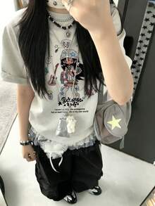 女士超大款印花T恤，Y2K可爱卡通女孩与星星印花，日系原宿街头风宽松T恤，落肩设计，充满美感，休闲夏季衬衫 - 淺花灰 - 查看 4