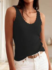 Womens Summer Sleeveless Tank Tops V Neck Ruffle Lightweight Ribbed Knit Shirt Casual Going Out Top - Black - View 4