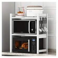 Expandable Microwave Oven Rack, Kitchen Shelf With 5 Hooks, 3-Tier Kitchen Counter Organizer Shelf Stand, Pot Pan Grill Storage Racks, Carbon Steel Heavy Load 24.95KG Capacity, Standing Shelf - Black Microwave Stand - View 5