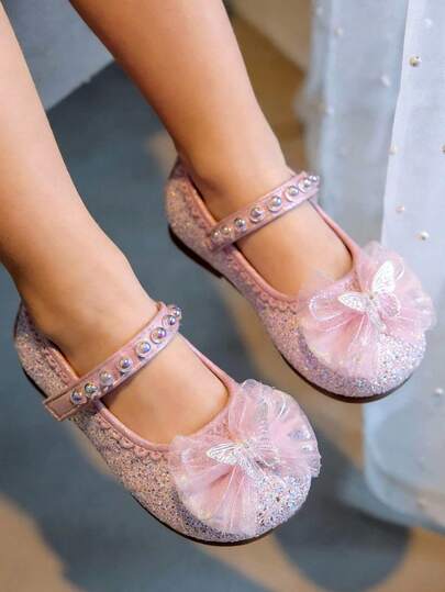 1 Par de Sapatos de Princesa com Laço Brilhante para Meninas, Bico Redondo e Sola Macia com Pérolas, Adequados para Crianças de 3 a 12 Anos para Combinar com Vestidos de Festa