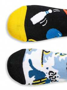 1 Pair Of Unisex Bowling-Themed AB Crew Socks - Asymmetric Design (Bowling Pattern & Graffiti Style), Stylish Black/Yellow/Blue Color Scheme, Fun Novelty Socks For Daily Leisure & Sports Gatherings, Ideal Gift For Bowling Enthusiasts, Year-Round Fashion Socks - Multicolor - View 6