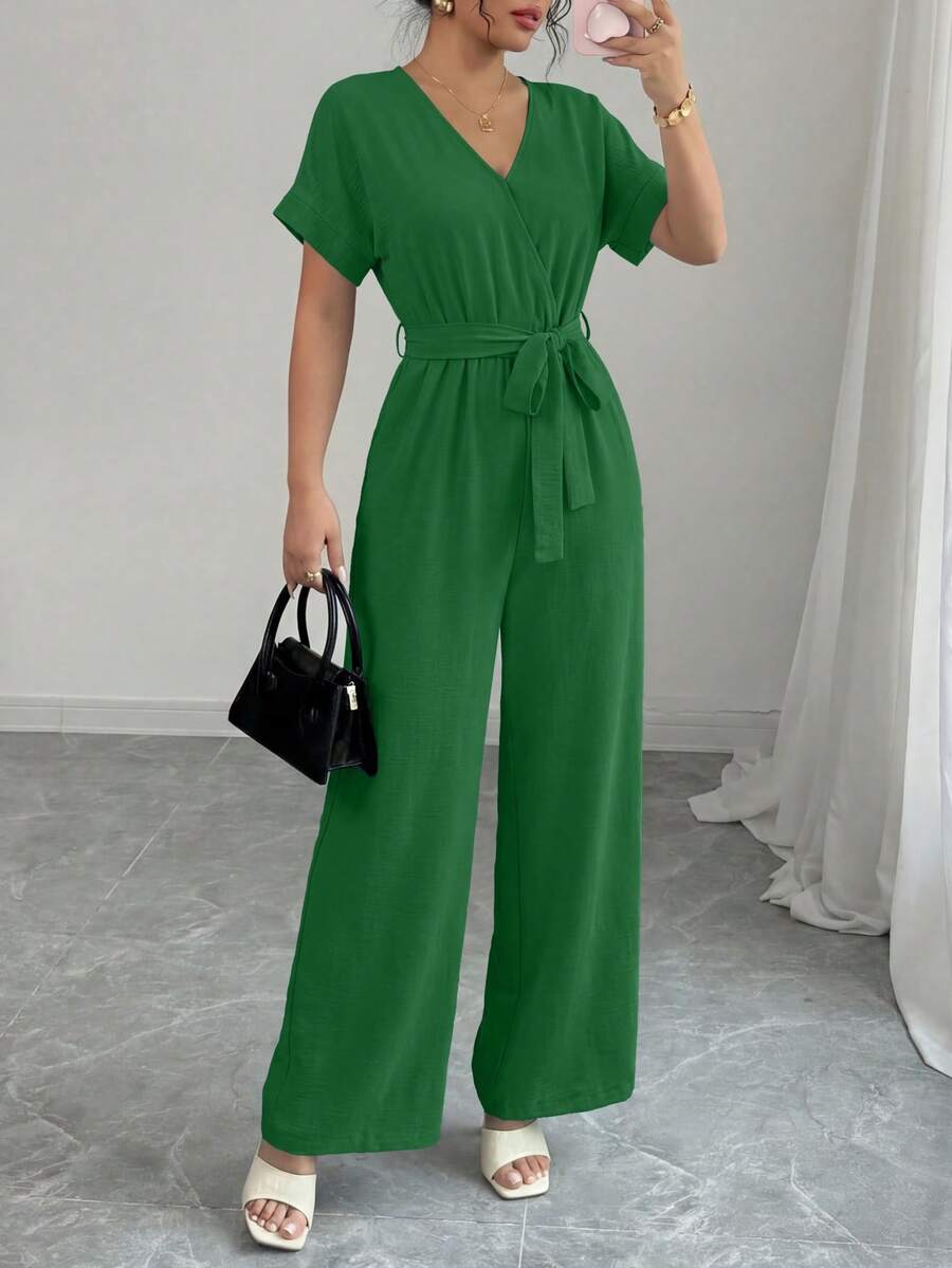 Women's Jumpsuit Casual Short Sleeve Wrap V Neck Belted Wide Leg Pants - 綠色 - 查看 1