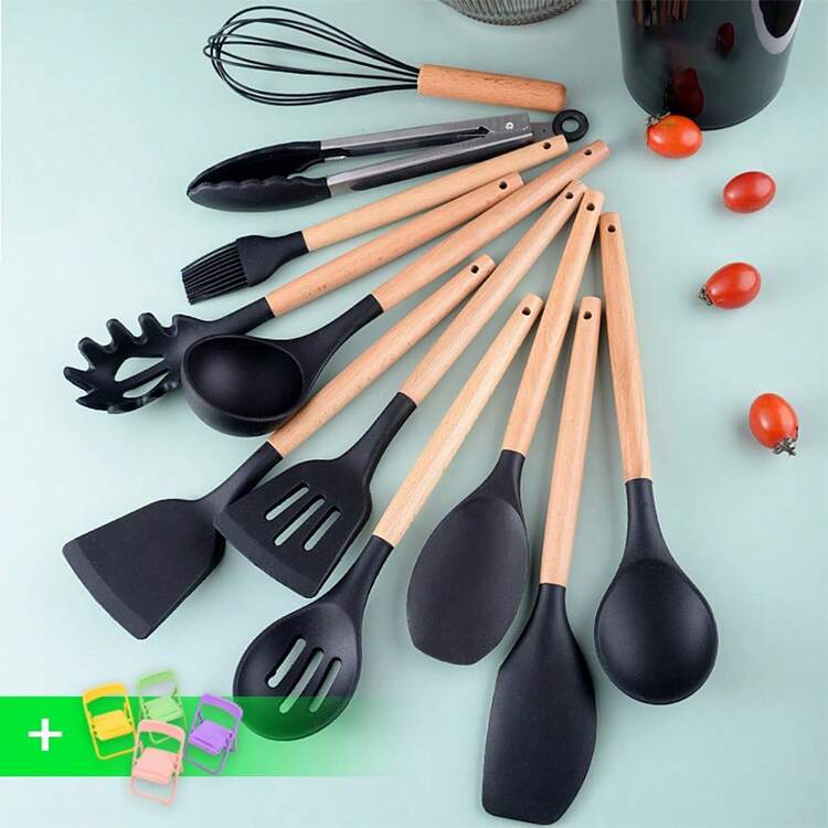 LÈRFM [MXBTG]1 set Conjunto de 12 piezas de utensilios de cocina en silicona, juego de utensilios antiadherentes resistentes a altas temperaturas, con asas de madera, herramientas domésticas universales para cocina,Conjunto de utensilios de cocina + pared de almacenamiento para cocina - Negro - Añade 7