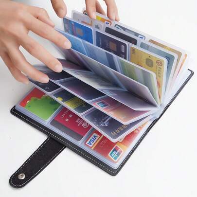 Portable Leather Business Card Holder And Credit Card Pouch, Also Functions As A Ledger – Includes A 120-Card Slot Collection Book, Document Holder, Business Card Organizer, And Financial Management Bag; Solid Color, Simple Design, Unisex, Suitable For Office Workers, Meetings, Home And Office Use, Business Trips, And Other Occasions. (Black/Pink)