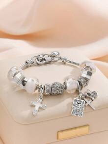 1pc Y2K Charm Bracelet, 1pc Cross Charm Bracelet, Retro Streetwear Fashion Bracelet, 1pc Cross & Heart Charm Bracelet, Glow-In-The-Dark Bracelet - Silver - View 5