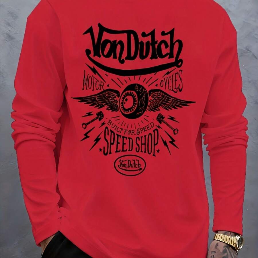 Van Dutch Motor Cycles Wheel With Wings Built For Speed Speed Shop Graphic Black Long - Sleeved Shirt - Stylized Cursive Text, Casual Long Sleeve Tee For Fans, Perfect With Black Pants & Tattoos Style - Đỏ - Xem 1