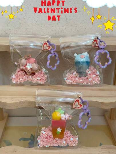 1件最新甜点装饰系列，精致花朵钥匙扣，配有透明保护袋和闪亮樱花设计，适合作为情人节、返校季、毕业季、新年、感恩节、圣诞节礼物、派对礼品、家居装饰、青少年桌面摆件、圣诞挂饰、可爱粉色包包挂饰