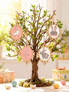 一套4件 | 木质复活节挂饰，兔子造型，饰有“Frohe Ostern”字样，采用质朴的木片制成，可作为复活节树挂饰、节日装饰品，也可用于餐厅墙壁、房间门把手或壁炉装饰。此外，它还适用于复活节树、家庭派对装饰、礼品标签、派对用品、餐桌摆件、复活节礼物、复活节装饰品、春季装饰和复活节派对用品。 - 彩色 - 查看 3