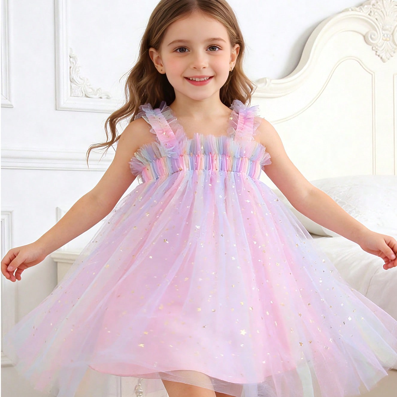 Pieza Vestido elegante y dulce de princesa con tirantes de encaje, estrellas, luna y arcoíris de tul esponjoso para niñas jóvenes, vestido formal p
