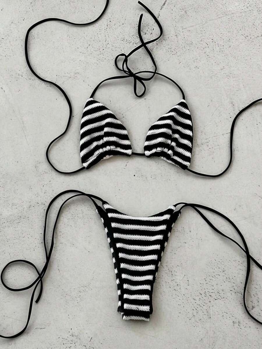 两件套女士性感露背比基尼套装，黑白条纹三角上衣，挂脖式设计，适合沙滩派对、夏季海滩度假 - 黑與白 - 查看 1