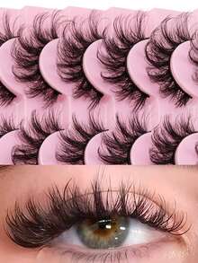10 对蓬松交叉猫眼假睫毛；黑色强力支撑带；自然纤细的假睫毛；仿貂毛假睫毛；柔软扇形卷翘睫毛。