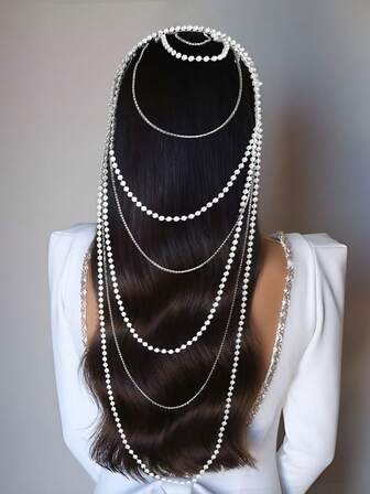 1件水钻珍珠发链，优雅多层长流苏链，仙女风发箍，适合新娘、婚礼、派对、约会、休闲、情人节等场合，女士发饰