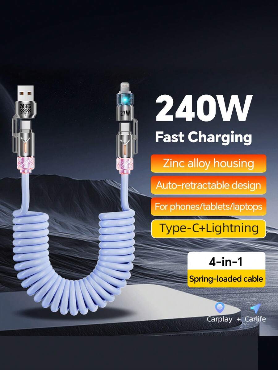 可伸缩弹簧充电线，长度可调节，超长TPE充电线，兼容 17/16/15/14/13/12系列、Moto G、Pixel及其他USB-C设备，通用高效充电适配器，礼品装，支持快速车载充电（最大可伸缩长度2米），兼容、安卓手机、相机、MP3充电器，旅行通用适配器，快速充电 - 彩色 - 查看 1