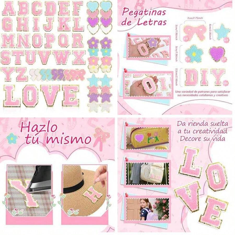 58 Parches Autoadhesivos, Pegatinas de Letras, Parches para Planchar, Parches de Tela Autoadhesivos, para Ropa Chaquetas de Tela Bricolaje Telfono Mvil (Rosa 58 piezas) - rosa 58 piezas - Ver 1