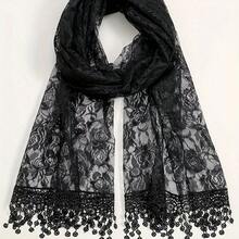 Elegant Black Floral Lace Scarf For Women, Vintage Rose Pattern Lace Shawl, Aesthetic Sheer Headscarf & Neck Wrap, Lightweight Retro Lace Wrap For Church, Party & Daily Wear - 黑色 - 查看 1