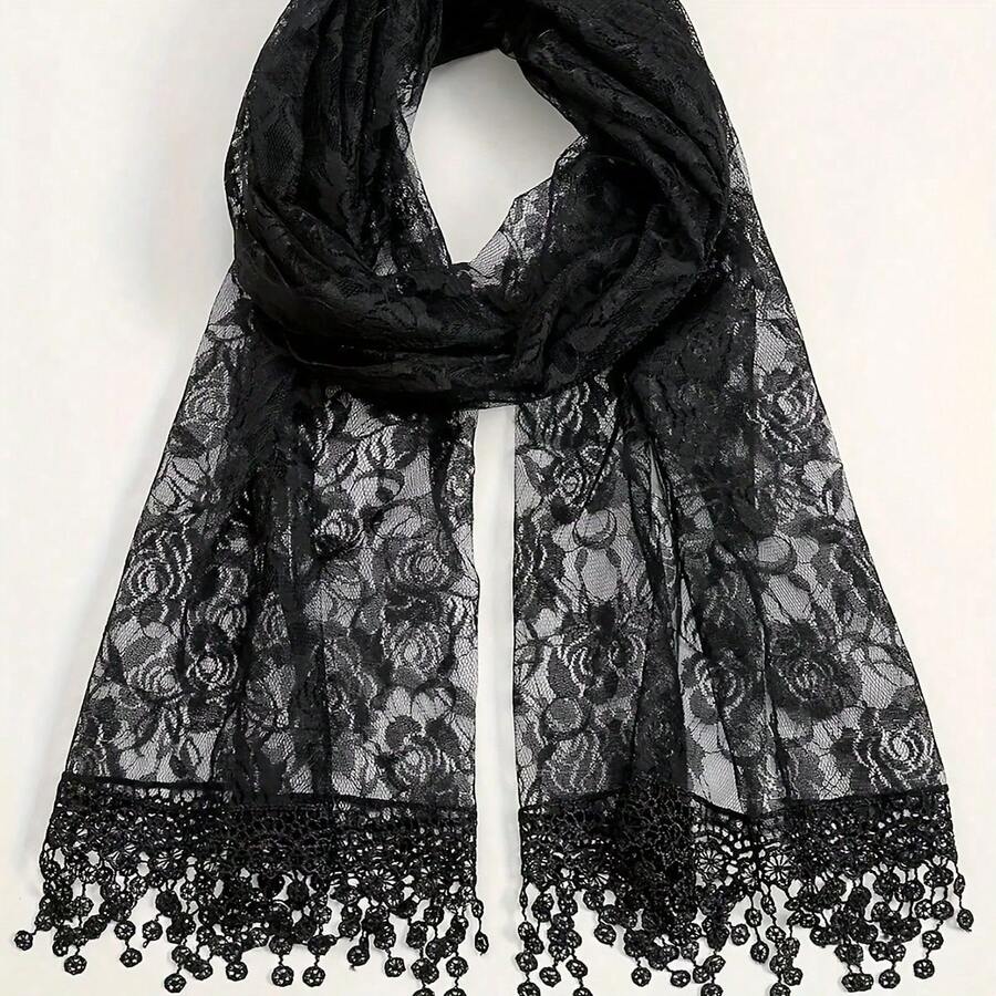 Elegant Black Floral Lace Scarf For Women, Vintage Rose Pattern Lace Shawl, Aesthetic Sheer Headscarf & Neck Wrap, Lightweight Retro Lace Wrap For Church, Party & Daily Wear - 黑色 - 查看 1