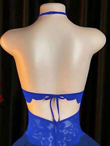 Sexy Lingerie, Open Crotch Design, Lace Patchwork Backless Halter Jumpsuit - Blue - View 5