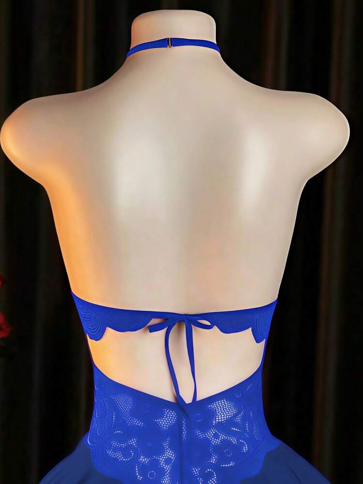 Sexy Lingerie, Open Crotch Design, Lace Patchwork Backless Halter Jumpsuit - Blue - View 5