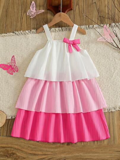 Summer Girls Sweet Casual Dress, Sleeveless Colorblock With Cute Bow Decor, Fashionable & Elegant Young Girl Dress, Suitable For Daily Wear
