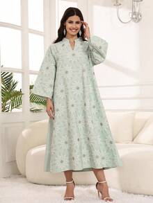 2026新款优雅花卉刺绣阿巴雅长袍，斋月传统阿拉伯女装，宽松立领宽袖 - 綠色 - 查看 7