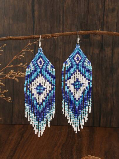Bohemian Beaded Earrings, Elegant Retro Earrings, Handmade Woven, White & Blue Geometric Pattern, Long Tassel Drop, Fashion Accessory For Daily, Vacation, Party Wear