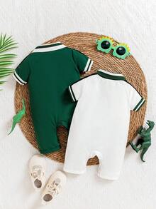 2pcs/Set Baby Boys' Polo Collar Dinosaur Print Short Sleeve Romper, Summer - Multicolor - View 3