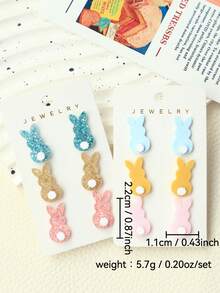 3 Pairs Easter Acrylic Bling Bling Rabbit Ear Studs, Cute Rabbit Tail Earrings Set, Holiday Gift For Women - Multicolor - View 5