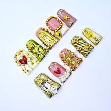 10Pcs Handmade Short Duck Bill Press On Nails, Artisan 3D Heart, Rose, Cross, Star Decor, Gold Embossing, Gem, Pearl Pendants, Pastel Pink, White, Green Base, Glossy Finish, Salon Grade Reusable, Glam Party Nails Summer Easter - 金色 - 查看 8