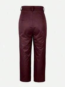 Women's Solid Color Waistless Suit Pants - Zipper Pocket Button Design Elegant Versatile Trousers For Commuting - 酒紅色 - 查看 7