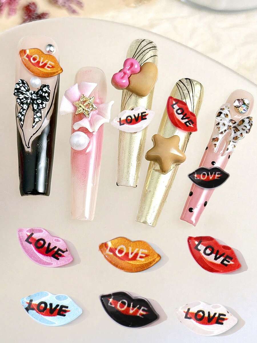 心形嘴唇美甲饰品 3D立体LOVE字母美甲贴纸 - 彩色 - 查看 1