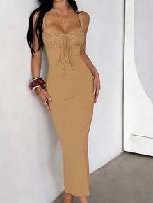 Đầm hè Onicee màu kaki phối ren, xẻ tà, dây đeo mảnh, kiểu dáng thanh lịch dành cho nữ, thích hợp cho ngày Valentine, hẹn hò, tụ họp, tiệc tùng, du lịch, nghỉ mát, đi biển. - Màu Khaki - Xem 1