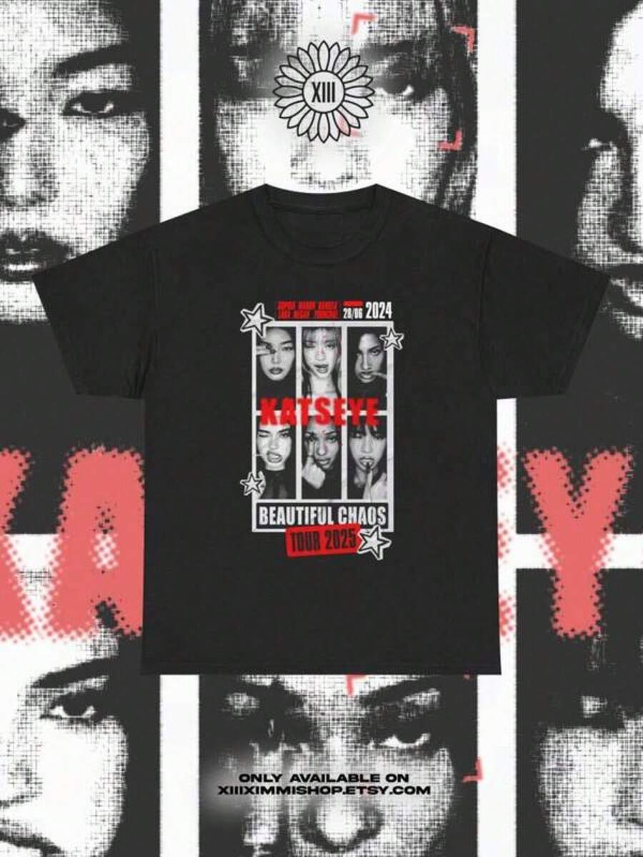 Katseye Shirt, The Beautiful Chaos Tour 2025 Shirt, Katseye Girl Group T-Shirt Vintage Katseye The Beautiful Chaos Tour Shirt, Katseye Kpop Graphics Tee, Katseye Gnarly Parent-Child Outfits - 黑色7 - 查看 1